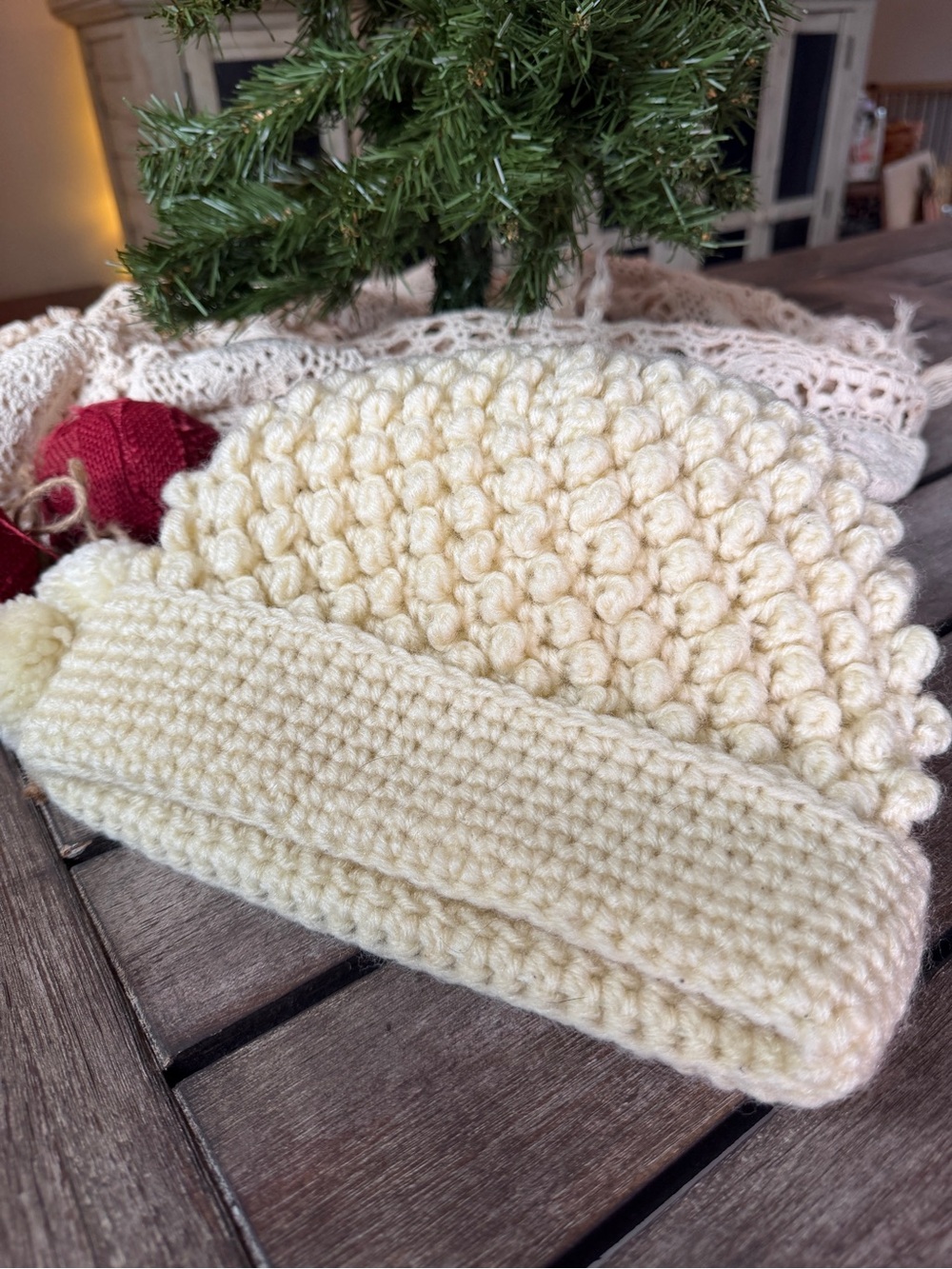 Kmart Crochet Hat Cream Popcorn Knit Pom Pom Made in Japan 60s 70s VTG